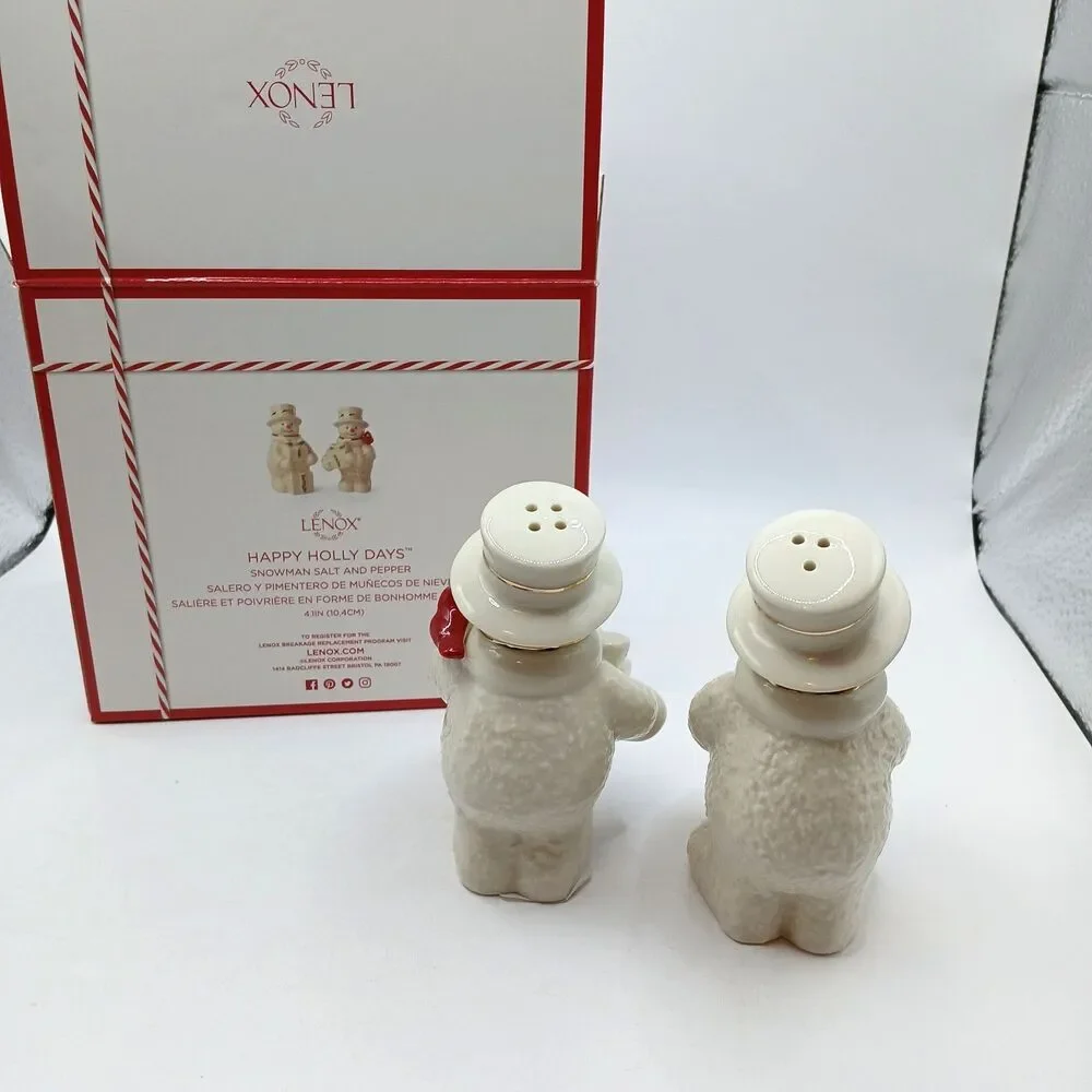 LENOX Porcelain Snowman Cardinal Bird Salt & Pepper Set Happy Holly Days NIB